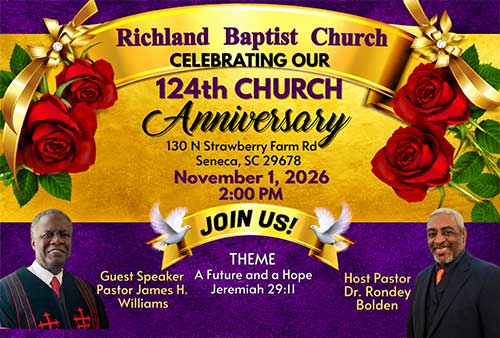 Richland Baptist Church celebrates its 124th anniversary on November 1, 2026, at 2 p.m
