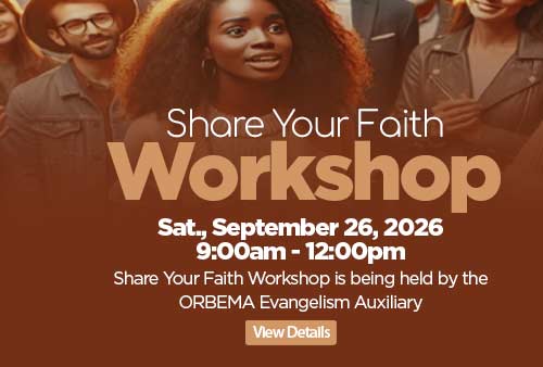 brown share your faith workshop advertisement witha photo of a group of people. click for details